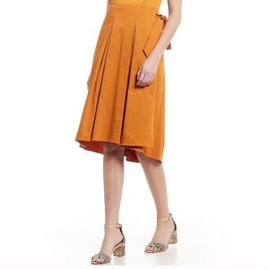Antonio Melani Vivienne Satee Skirt Golden Oak Orange Pleated Hi-Low Midi A-Line